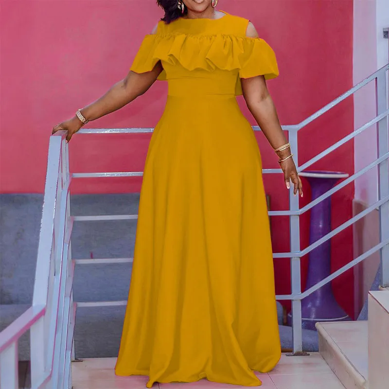 Solid Cold Shoulder High Waist Ruffles Maxi Dress