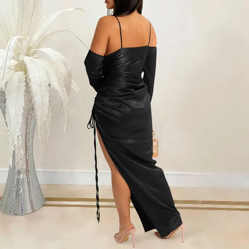 Solid Cold Shoulder Long Sleeve Spaghetti Strap Drawstring Dress