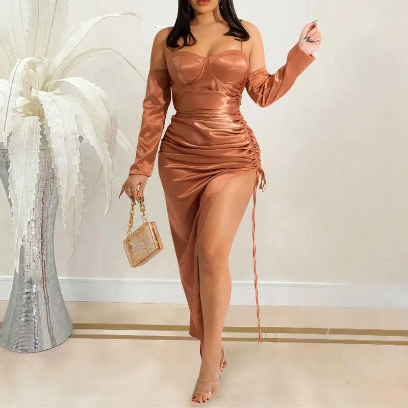 Solid Cold Shoulder Long Sleeve Spaghetti Strap Drawstring Dress