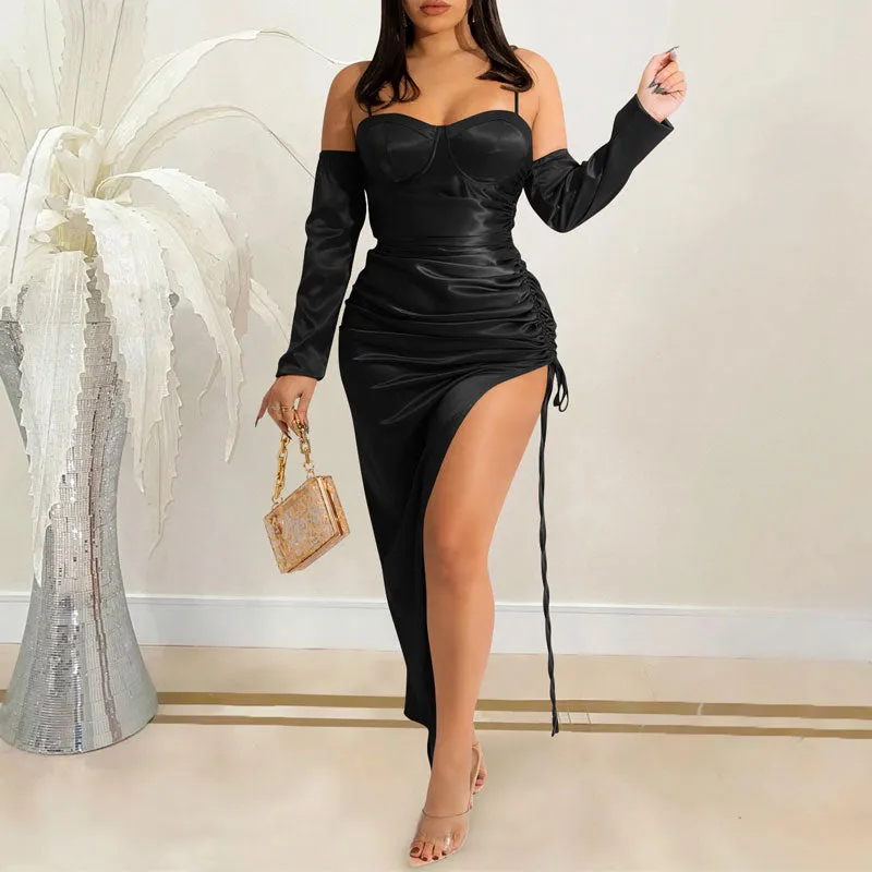 Solid Cold Shoulder Long Sleeve Spaghetti Strap Drawstring Dress