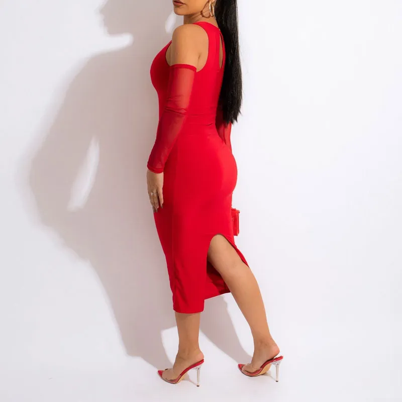 Solid Cold Shoulder Mesh Sleeve Midi Dress