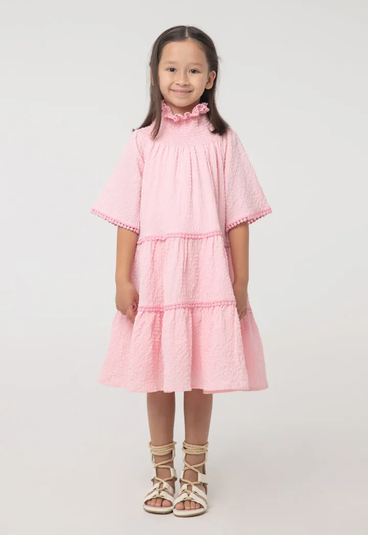 Solid High Neck Smoking Pompom Trim Dress