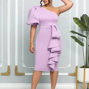 Solid Oblique Shoulder Puff Sleeve Ruffle Design Midi Dress