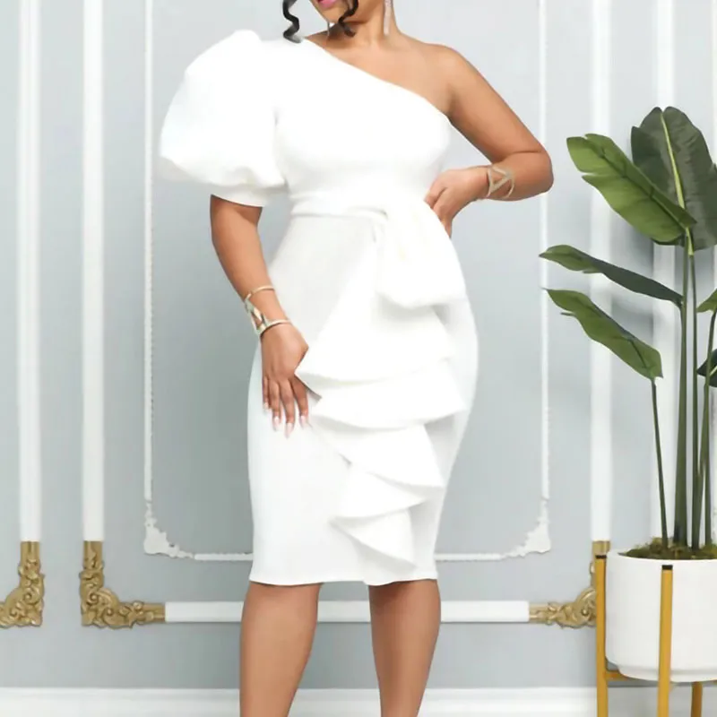 Solid Oblique Shoulder Puff Sleeve Ruffle Design Midi Dress