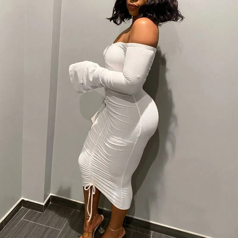 Solid Off Shoulder Flared Sleeve Ruched Dress