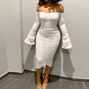 Solid Off Shoulder Flared Sleeve Ruched Dress