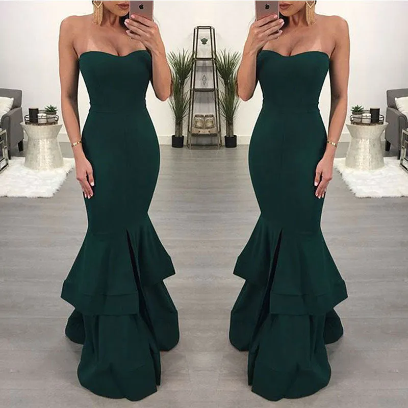 Solid Off Shoulder High Slit Fishtail Maxi Dress