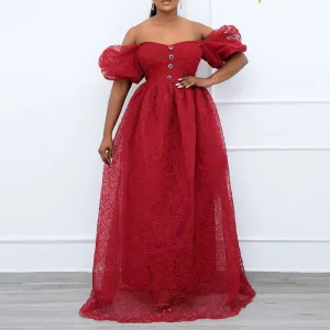 Solid Off Shoulder Puff  Sleeve Lace Maxi Dress
