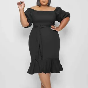 Solid Off Shoulder Short Sleeve Fishtail Midi Dress