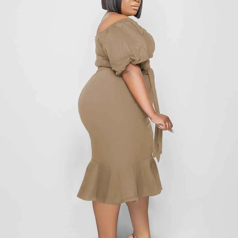 Solid Off Shoulder Short Sleeve Fishtail Midi Dress
