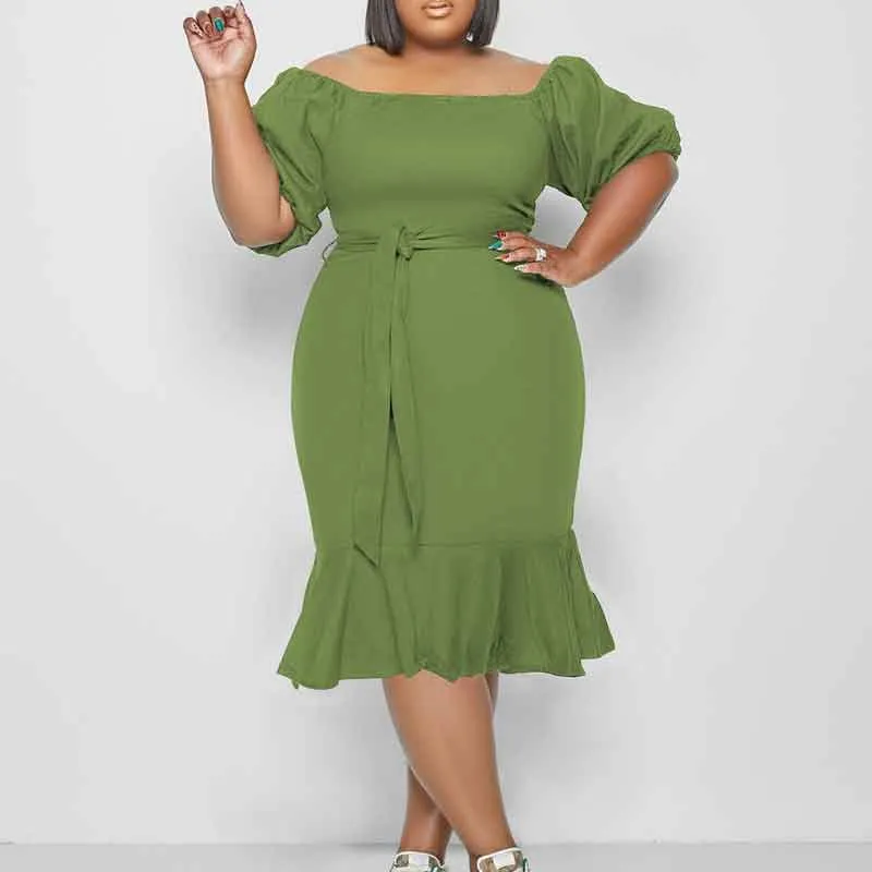 Solid Off Shoulder Short Sleeve Fishtail Midi Dress