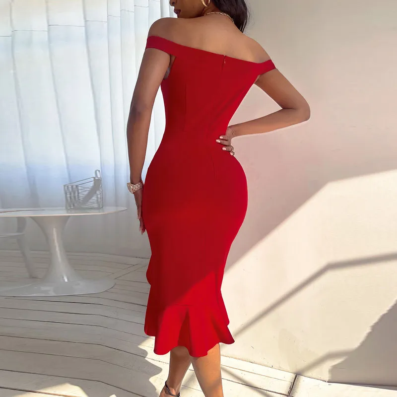 Solid Off Shoulder Sleeveless Slit Midi Dress