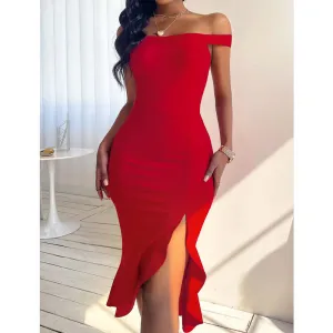 Solid Off Shoulder Sleeveless Slit Midi Dress