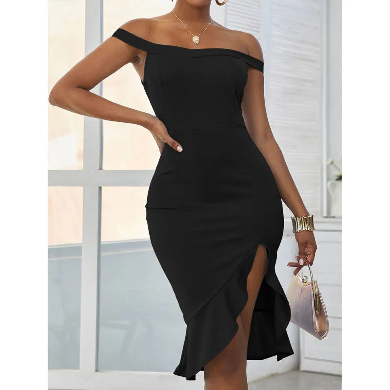 Solid Off Shoulder Sleeveless Slit Midi Dress