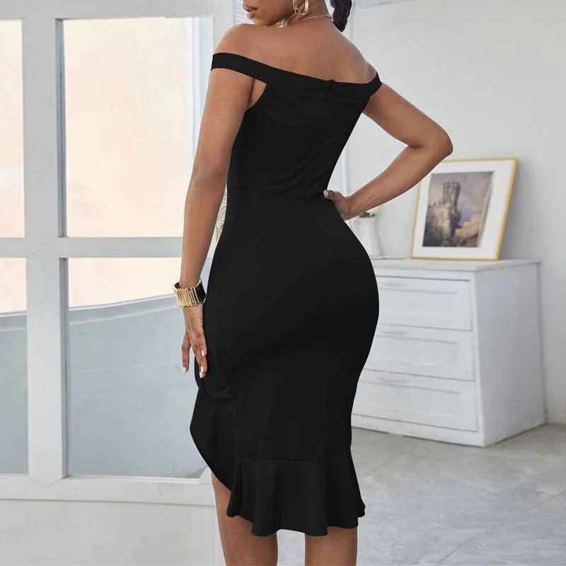 Solid Off Shoulder Sleeveless Slit Midi Dress