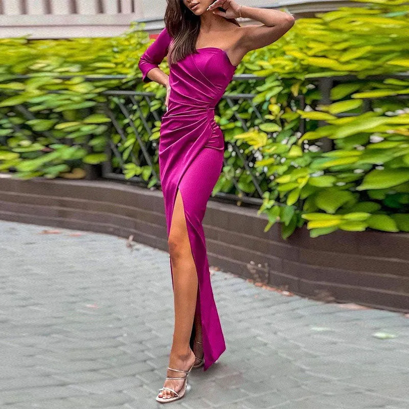 Solid One Shoulder Long Sleeve Ruched High Slit Party Dress