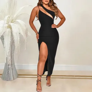 Solid Sleeveless Oblique Shoulder Cut Out Slit Party Dress