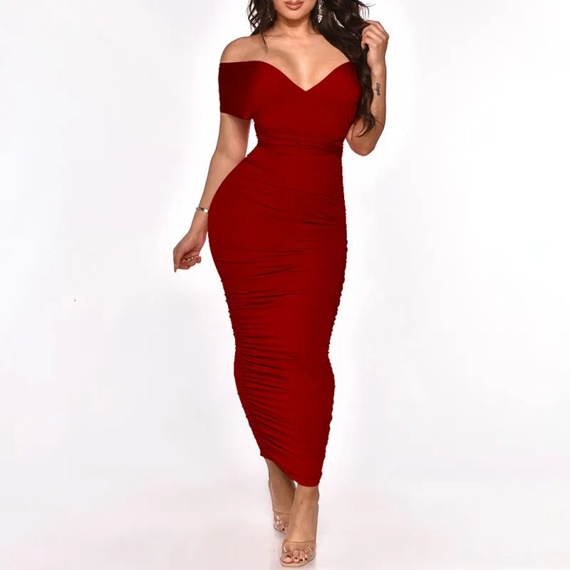 Solid V-Neck Off Shoulder Sleeveless Midi Dress