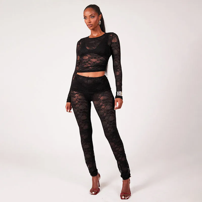 Sophisticated All-Lace See-Through Two-Piece Set with Crop Top and Slim Pants