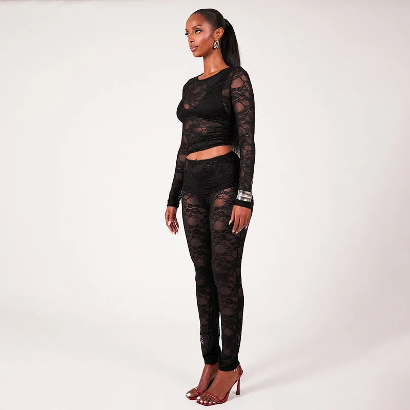 Sophisticated All-Lace See-Through Two-Piece Set with Crop Top and Slim Pants