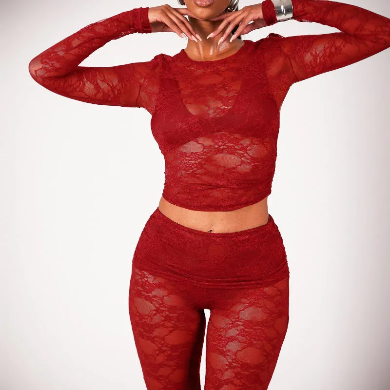 Sophisticated All-Lace See-Through Two-Piece Set with Crop Top and Slim Pants