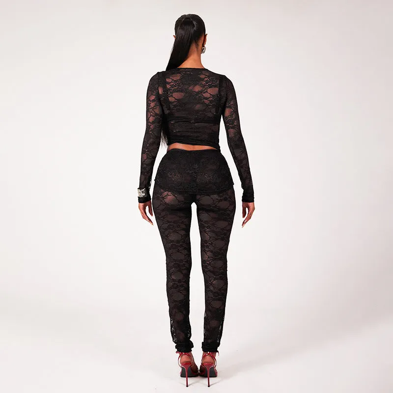 Sophisticated All-Lace See-Through Two-Piece Set with Crop Top and Slim Pants