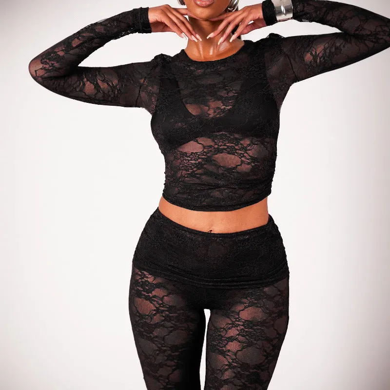 Sophisticated All-Lace See-Through Two-Piece Set with Crop Top and Slim Pants