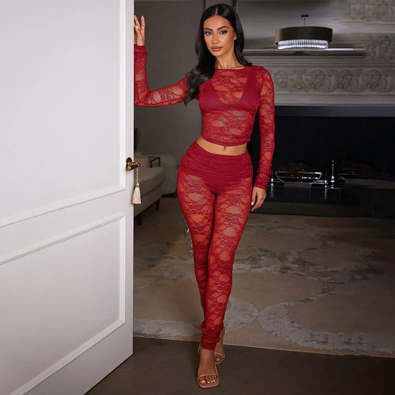 Sophisticated All-Lace See-Through Two-Piece Set with Crop Top and Slim Pants