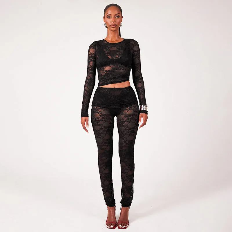 Sophisticated All-Lace See-Through Two-Piece Set with Crop Top and Slim Pants