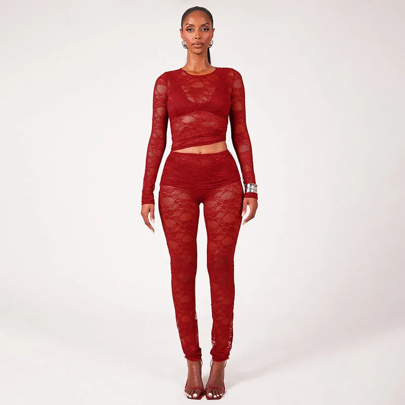 Sophisticated All-Lace See-Through Two-Piece Set with Crop Top and Slim Pants