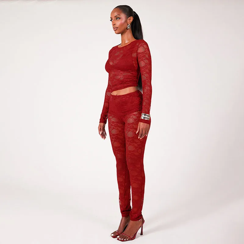 Sophisticated All-Lace See-Through Two-Piece Set with Crop Top and Slim Pants