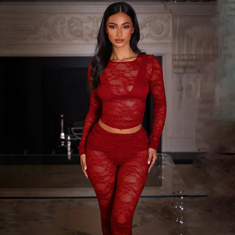 Sophisticated All-Lace See-Through Two-Piece Set with Crop Top and Slim Pants