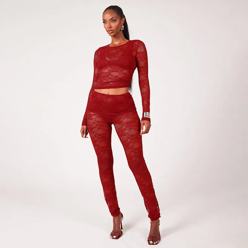 Sophisticated All-Lace See-Through Two-Piece Set with Crop Top and Slim Pants