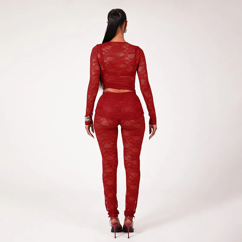 Sophisticated All-Lace See-Through Two-Piece Set with Crop Top and Slim Pants