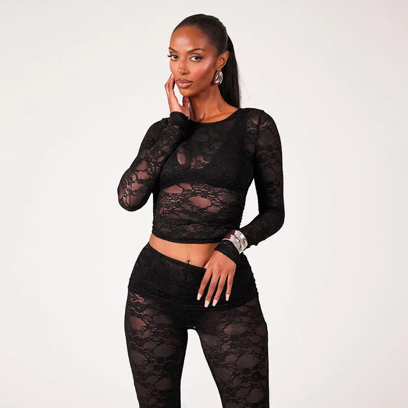 Sophisticated All-Lace See-Through Two-Piece Set with Crop Top and Slim Pants