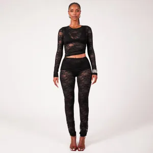 Sophisticated All-Lace See-Through Two-Piece Set with Crop Top and Slim Pants