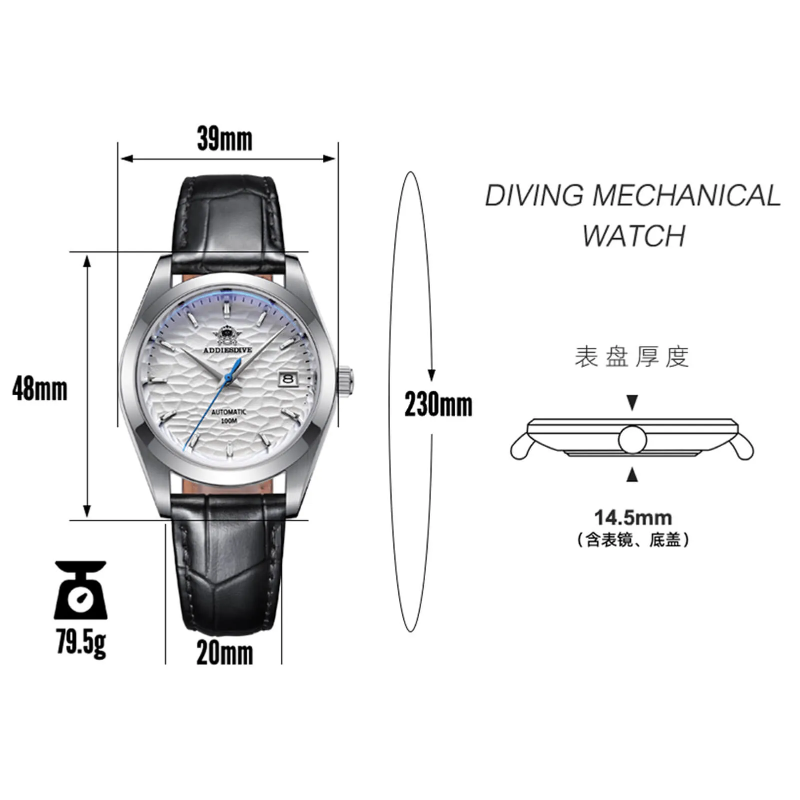 ★Spring Sale★ADDIESDIVE Men's Stainless Steel White Dial  with Black Leather Strap AD2118