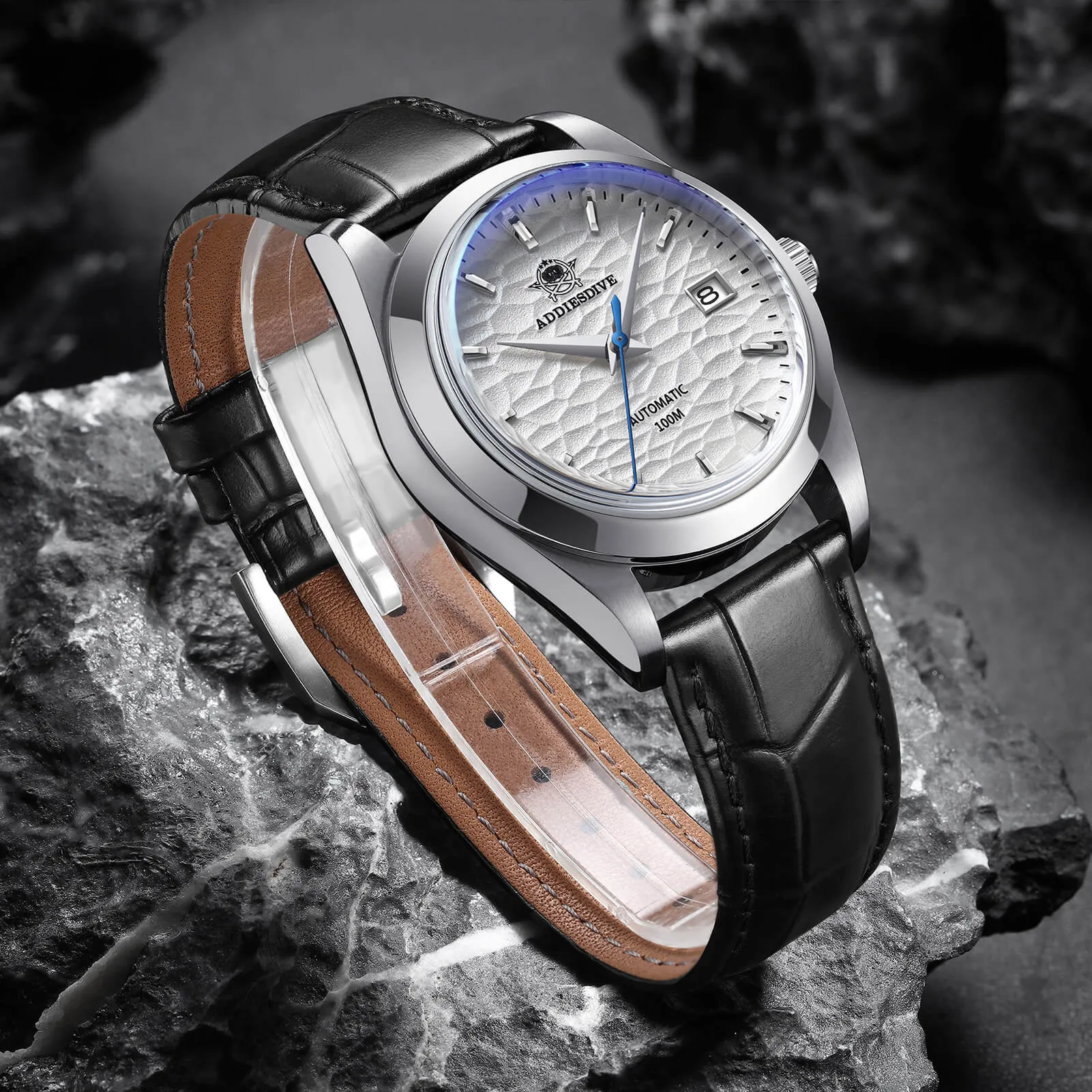 ★Spring Sale★ADDIESDIVE Men's Stainless Steel White Dial  with Black Leather Strap AD2118