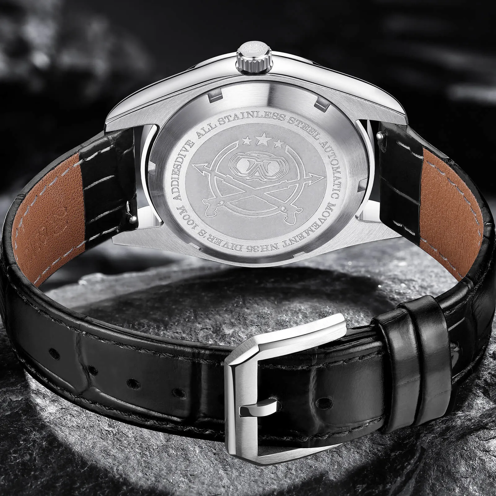 ★Spring Sale★ADDIESDIVE Men's Stainless Steel White Dial  with Black Leather Strap AD2118