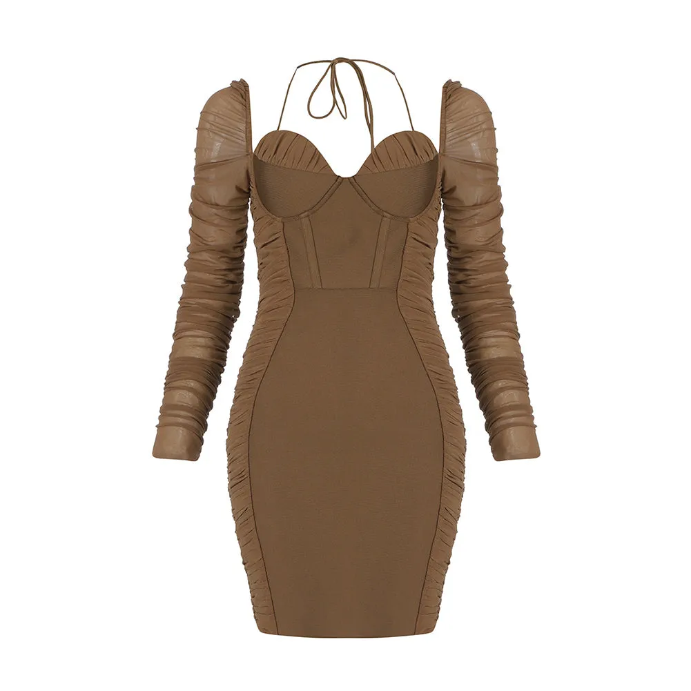 Square Collar Long Sleeve Wrinkled Mini Bandage Dress HB7629