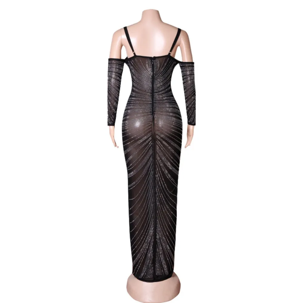 Strappy Long Sleeve Maxi Rhinestone Bandage Dress
