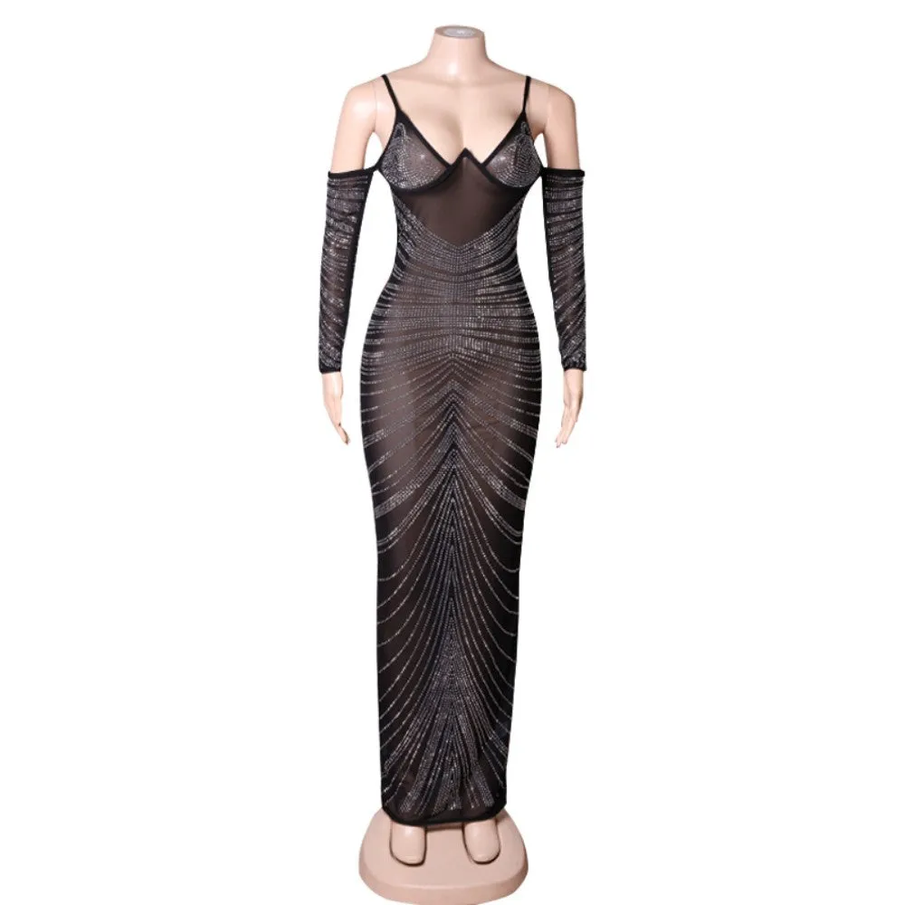 Strappy Long Sleeve Maxi Rhinestone Bandage Dress