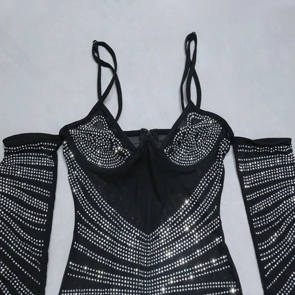 Strappy Long Sleeve Maxi Rhinestone Bandage Dress