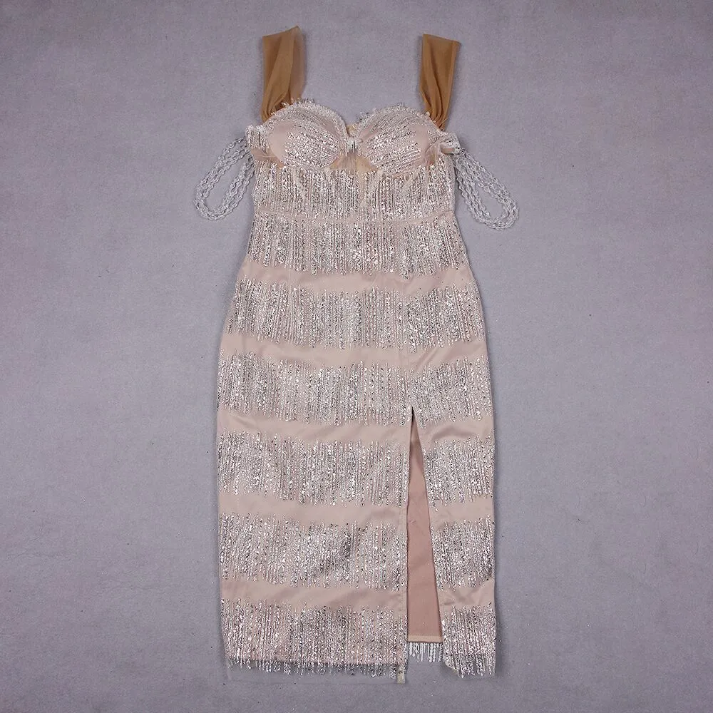 Strappy Sleeveless Tassels Midi Bodycon Dress