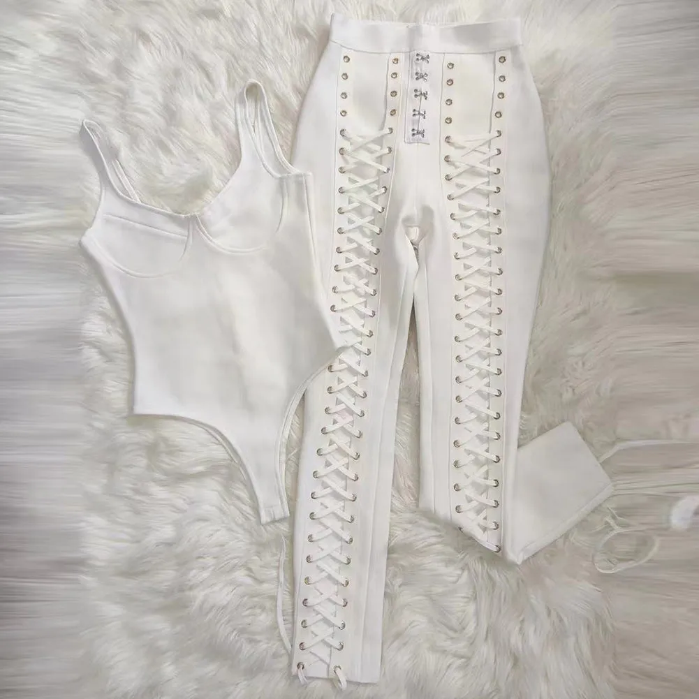 Strappy Sleeveless Tie Bandage Set (Bodysuit&Pants)