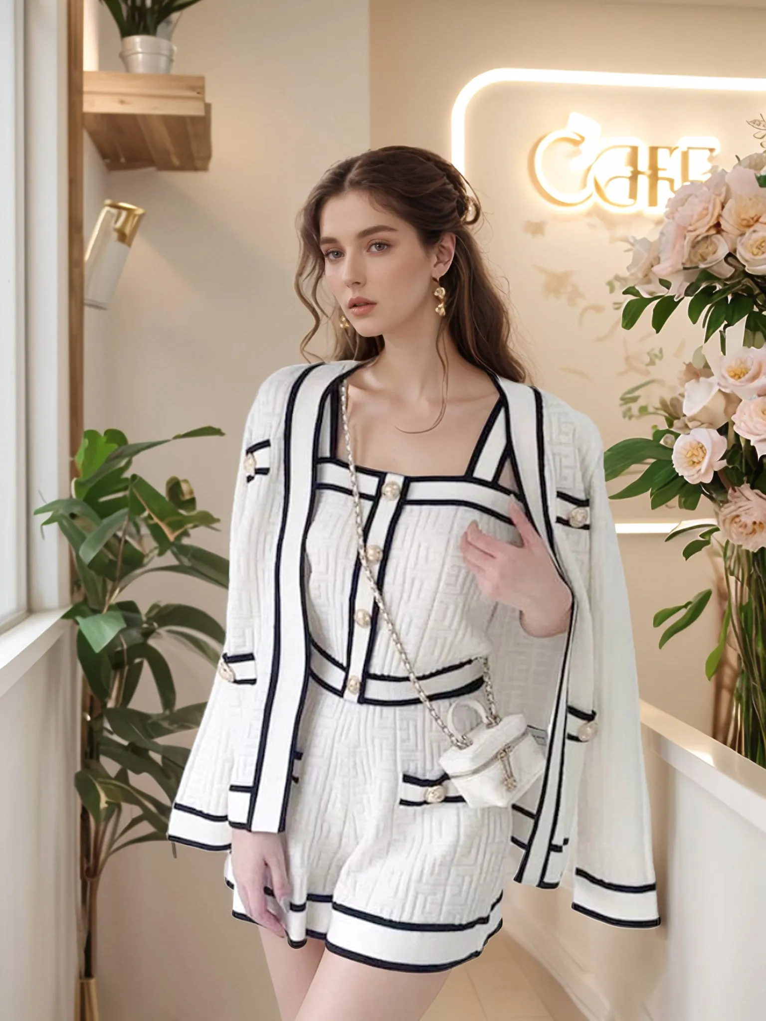 Tailored Trio Delight: Knitted 3-Piece Set with Contrast Trim