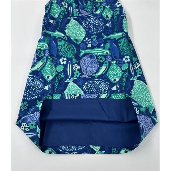 Talbots Dress Womens 2P Sleeveless Blue Fish Stretch Tropical Lined Fringe NEW