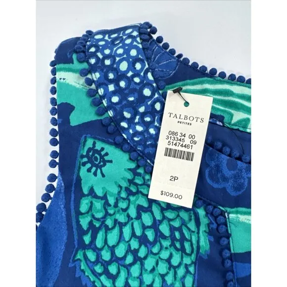 Talbots Dress Womens 2P Sleeveless Blue Fish Stretch Tropical Lined Fringe NEW