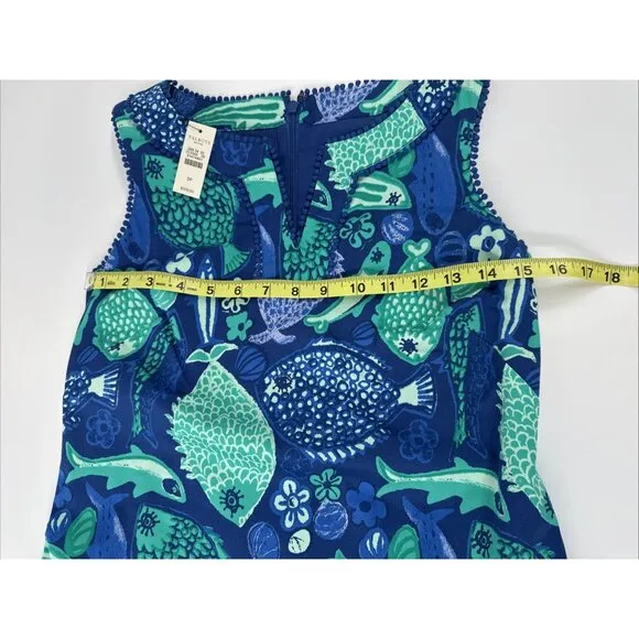 Talbots Dress Womens 2P Sleeveless Blue Fish Stretch Tropical Lined Fringe NEW