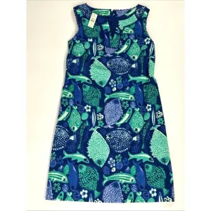 Talbots Dress Womens 2P Sleeveless Blue Fish Stretch Tropical Lined Fringe NEW